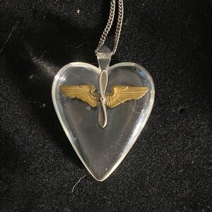 WWII Sweetheart Jewelry Necklace Lucite Heart w/ Pilot Wings and Sterling Chain